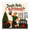 Funny Christmas gym card featuring a muscular male weightlifter in a Santa hat lifting a 24kg kettlebell. Bold festive text reads “Jingle Bells, Kettlebells”. The colourful gym scene includes kettlebell racks, a workout bench, gym bag, water bottle, Christmas tree, presents, holly, fairy lights and snowy windows. A framed “Sleigh The Day” sign adds extra fitness humour, making it ideal for male gym lovers and weightlifters.