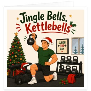 Funny Christmas gym card featuring a muscular male weightlifter in a Santa hat lifting a 24kg kettlebell. Bold festive text reads “Jingle Bells, Kettlebells”. The colourful gym scene includes kettlebell racks, a workout bench, gym bag, water bottle, Christmas tree, presents, holly, fairy lights and snowy windows. A framed “Sleigh The Day” sign adds extra fitness humour, making it ideal for male gym lovers and weightlifters.