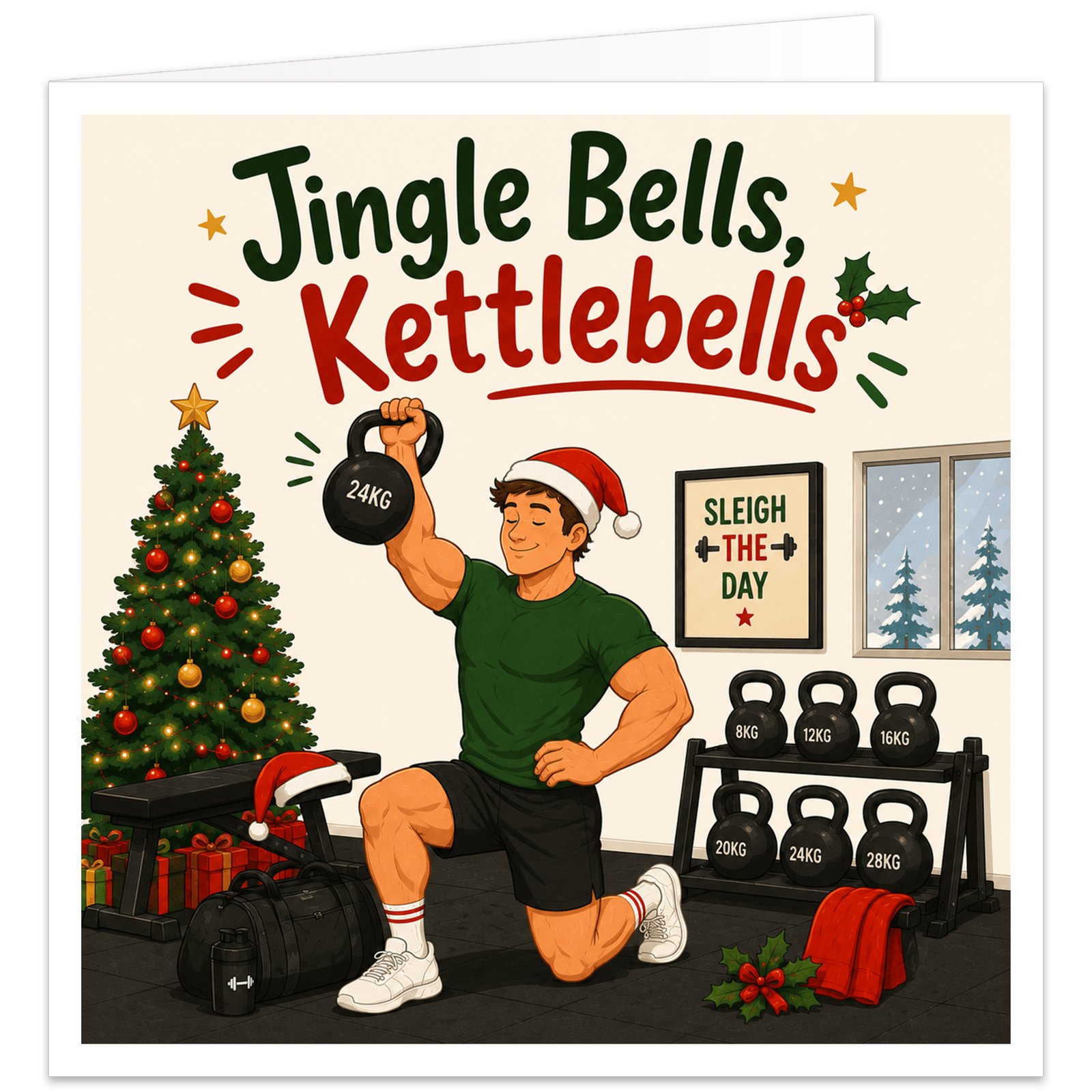Funny Christmas gym card featuring a muscular male weightlifter in a Santa hat lifting a 24kg kettlebell. Bold festive text reads “Jingle Bells, Kettlebells”. The colourful gym scene includes kettlebell racks, a workout bench, gym bag, water bottle, Christmas tree, presents, holly, fairy lights and snowy windows. A framed “Sleigh The Day” sign adds extra fitness humour, making it ideal for male gym lovers and weightlifters.