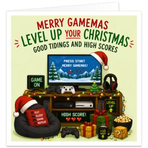 Colourful gamer Christmas card featuring a festive gaming set-up with monitor, controllers, consoles, headphones, Christmas lights, presents and a gaming beanbag. Screen shows a snowy pixel-art scene with Santa and reindeer. Text reads “Merry Gamemas”, “Level Up Your Christmas”, “Good Tidings and High Scores” and “Press Start – Merry Gamemas!” Ideal for male and female gaming fans of all ages.