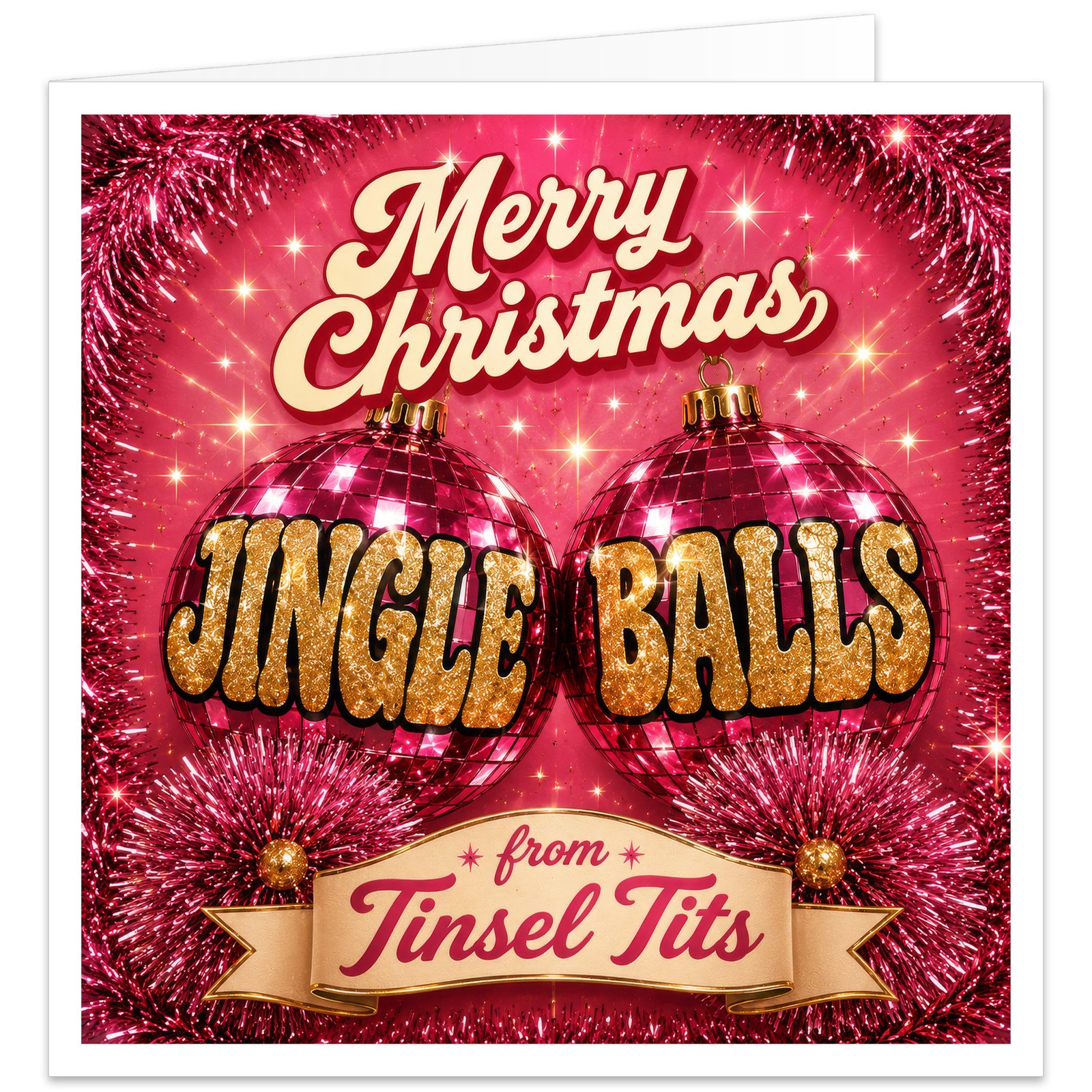 Funny Jingle Balls Christmas card for husband, boyfriend or partner, featuring pink and red tinsel, mirrored baubles, gold lettering and cheeky festive humour.