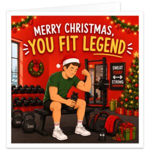 Funny Christmas card for a male gym-goer featuring the text “Merry Christmas, You Fit Legend”. Colourful illustration of a muscular man in a Santa hat sitting on a gym bench, flexing his arm and holding a protein shaker. Surrounded by dumbbells, kettlebells, weights and gym equipment, with a decorated Christmas tree, presents, wreath, garlands, baubles and festive lights on a bright red background.