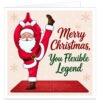 Funny yoga Christmas card featuring Santa Claus performing an impressive standing yoga pose on a red festive mat. Santa balances on one leg while stretching the other above his head, surrounded by subtle snowflakes on a soft winter background. The card reads “Merry Christmas, You Flexible Legend” in red and green lettering. A humorous festive card for a yogi, yoga lover, yoga teacher, friend, colleague or family member.