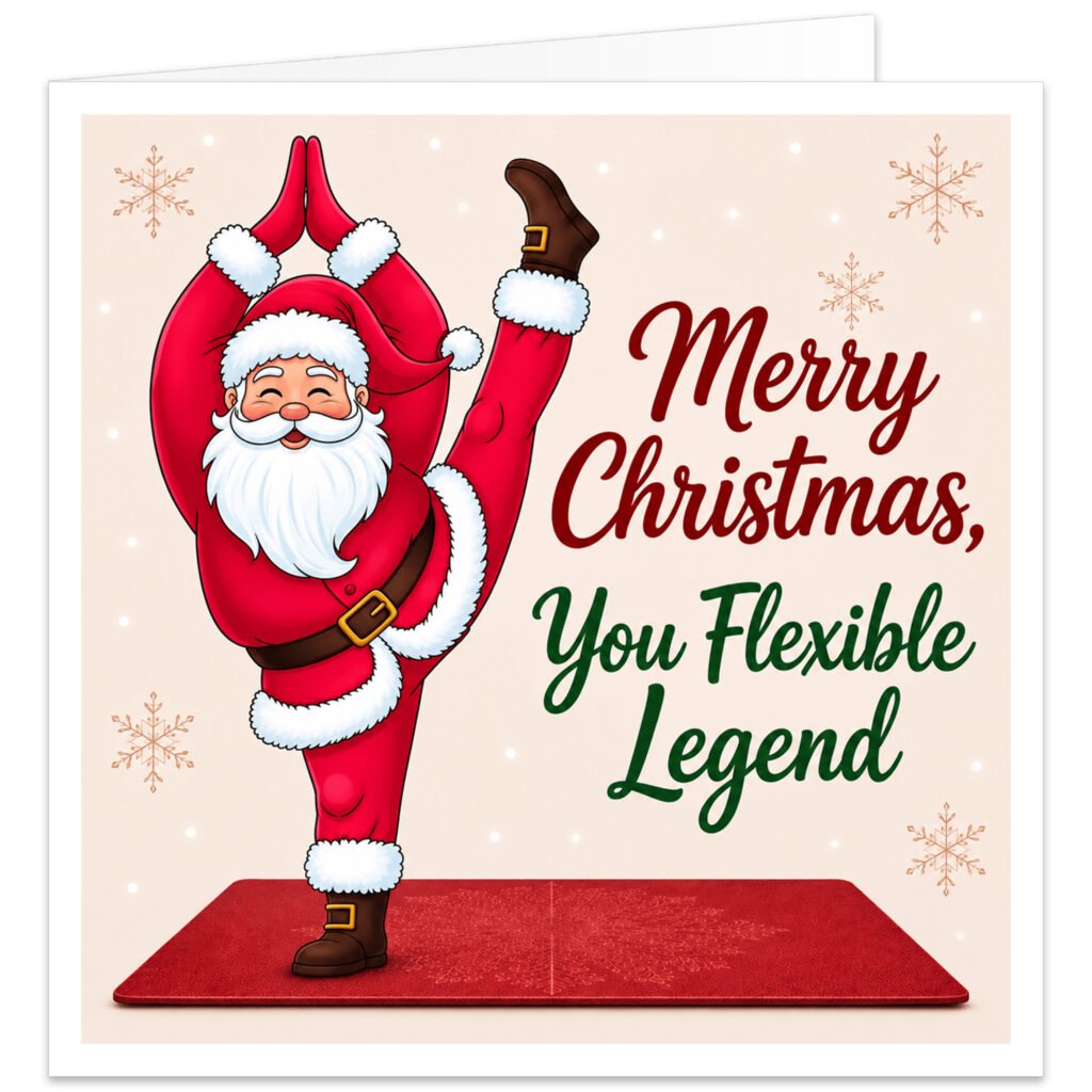 Funny yoga Christmas card featuring Santa Claus performing an impressive standing yoga pose on a red festive mat. Santa balances on one leg while stretching the other above his head, surrounded by subtle snowflakes on a soft winter background. The card reads “Merry Christmas, You Flexible Legend” in red and green lettering. A humorous festive card for a yogi, yoga lover, yoga teacher, friend, colleague or family member.