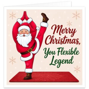 Funny yoga Christmas card featuring Santa Claus performing an impressive standing yoga pose on a red festive mat. Santa balances on one leg while stretching the other above his head, surrounded by subtle snowflakes on a soft winter background. The card reads “Merry Christmas, You Flexible Legend” in red and green lettering. A humorous festive card for a yogi, yoga lover, yoga teacher, friend, colleague or family member.