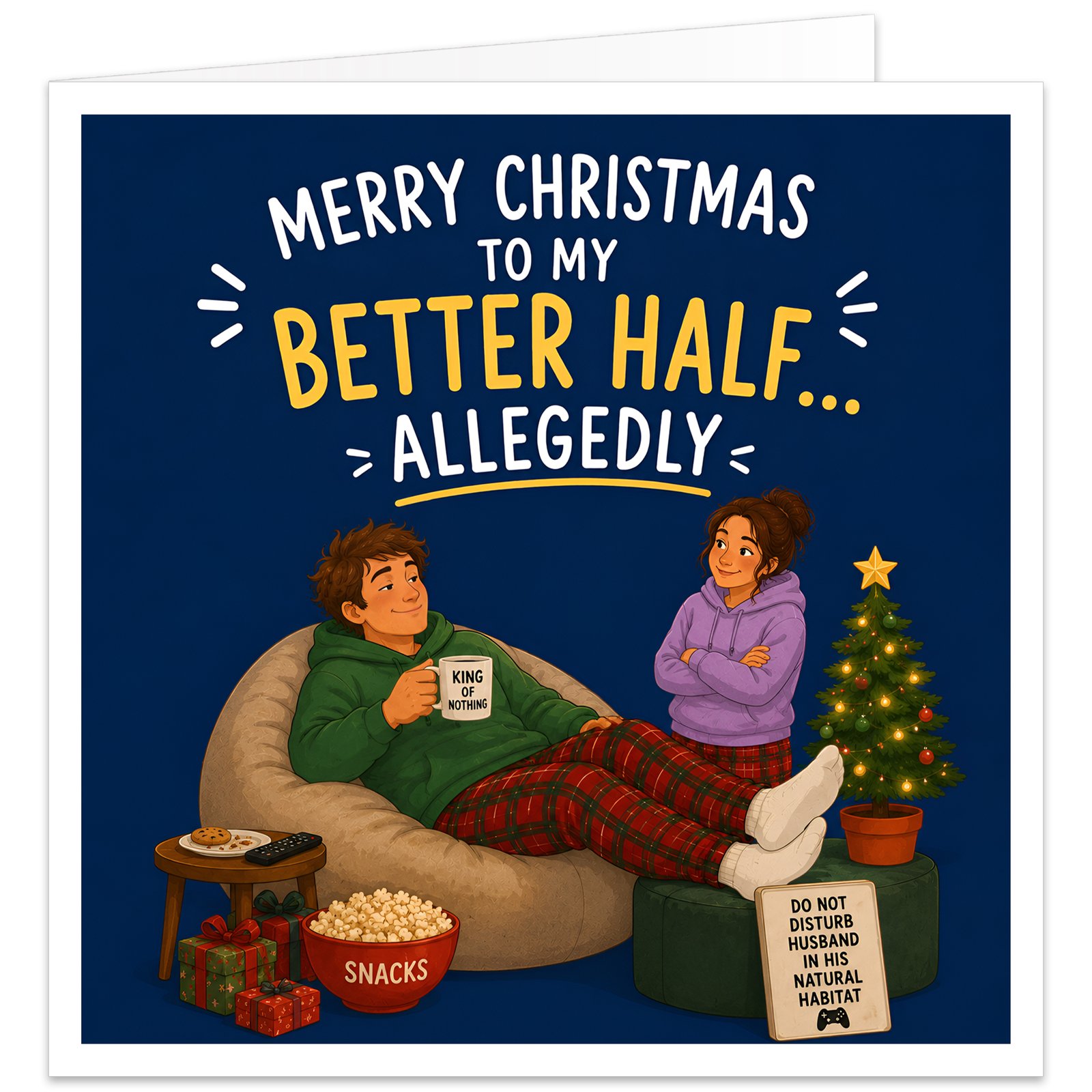 Funny Husband Christmas card with navy blue background and text reading “Merry Christmas to My Better Half… Allegedly”. Humorous illustration shows a husband relaxing on a beanbag in tartan pyjama bottoms, holding a “King of Nothing” mug, while his wife stands with folded arms. Festive scene includes a Christmas tree, presents, popcorn, biscuits, remote control and “Do Not Disturb Husband in His Natural Habitat” sign.