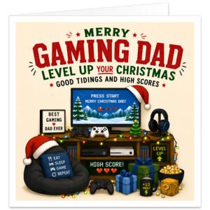 Gaming Christmas card for Dad featuring a colourful festive gaming room with console, controllers, headphones, gaming chair, Christmas tree, presents and lights. Main text reads “Merry Gaming Dad”, “Level Up Your Christmas” and “Good Tidings and High Scores”. Includes fun details such as “Best Gaming Dad Ever”, “High Score!”, “Level Up”, “Eat, Sleep, Game, Repeat” and a +10 Energy mug.