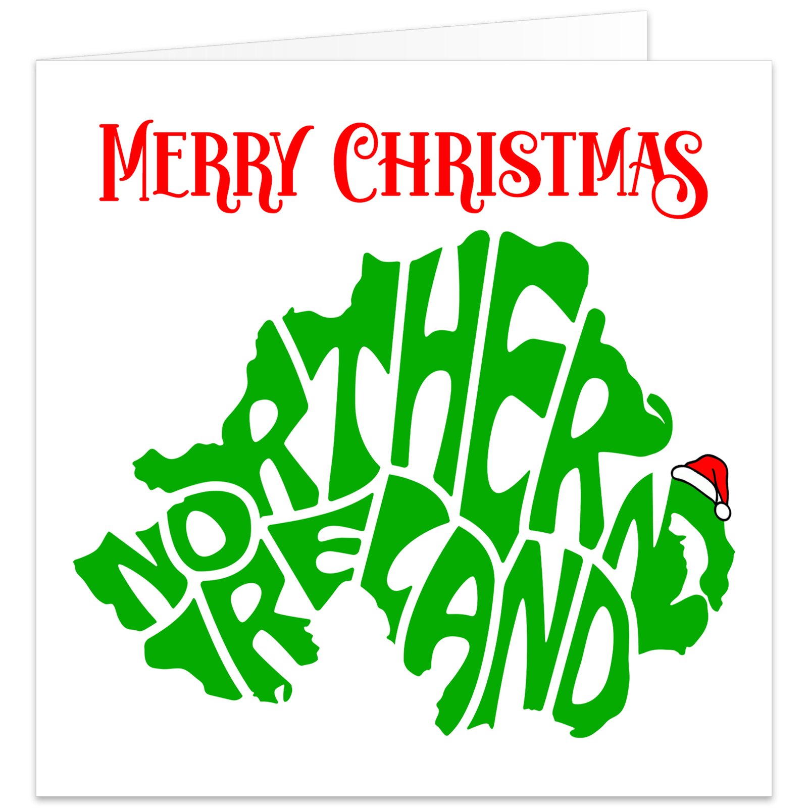 Northern Ireland Christmas card featuring a green map silhouette with Northern Ireland lettering, red Merry Christmas text and a festive Santa hat.
