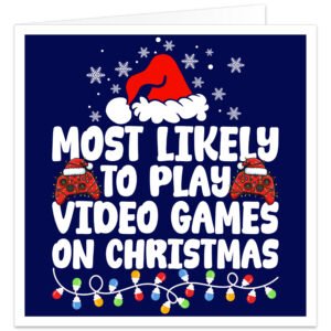 Funny gamer Christmas card with deep navy blue background and bold white text reading “Most Likely to Play Video Games on Christmas”. Features two red gaming controllers decorated with colourful Christmas lights and Santa hats, falling snowflakes, a large red Santa hat above the wording and festive string lights along the bottom. Designed for male and female gamers of all ages.