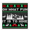 Hiking Christmas card with the text “OH WHAT FUN IT IS TO HIKE” in a festive knitted jumper-style design. Features a snowy mountain landscape with pine trees, surrounded by red, green and white Christmas patterns including snowflakes, reindeer, bells and Christmas trees on a black background. A fun festive card for hikers, walkers, hill walkers, ramblers, mountain lovers and outdoor enthusiasts.