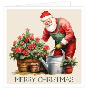 Christmas card for a keen gardener featuring a festive watercolour illustration of Santa Claus gardening in a green apron and red suit, tending bright red flowers and lush foliage beside a large galvanised watering can and plant pots. Set against a soft cream background with elegant dark green text reading “MERRY CHRISTMAS” along the bottom.