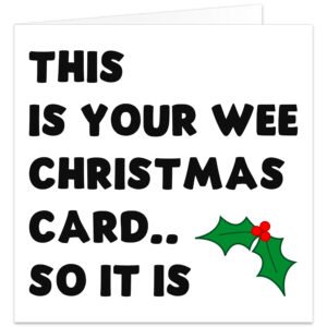 Funny Northern Irish Christmas card with a minimalist white design and large black text reading “This is your wee Christmas card... so it is”. A simple green holly sprig with three bright red berries adds a festive touch. The bold typography and familiar “wee” and “so it is” expressions create a cheeky Belfast and Northern Ireland themed Christmas card with local humour.