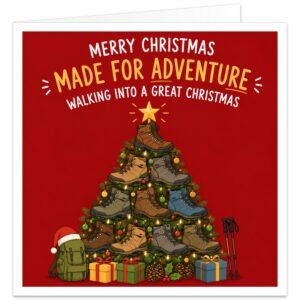Colourful hiking Christmas card on a festive red background featuring a Christmas tree made from walking boots, decorated with baubles, lights, evergreen branches and a gold star. Presents, pine cones, holly, a green hiking rucksack in a Santa hat and walking poles sit below. Text reads “Merry Christmas, Made for Adventure, Walking into a Great Christmas”. Ideal for hikers, walkers, ramblers and outdoor enthusiasts.