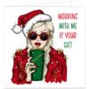 Funny Christmas card for a work colleague featuring a stylish festive character in a Santa hat, spiked sunglasses and red studded jacket, holding a green Merry Christmas cup. Front reads “Working With Me Is Your Gift”.