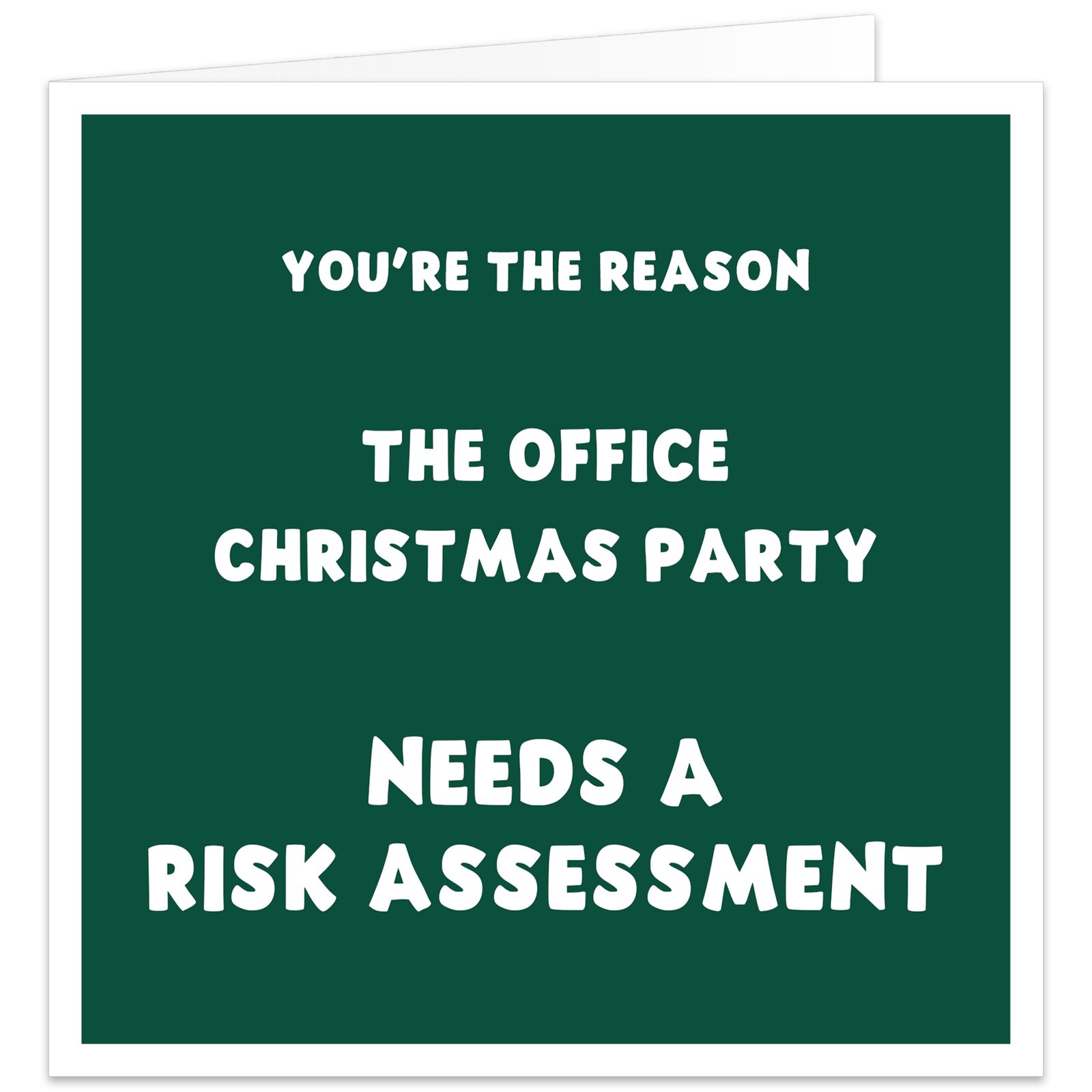 Funny green Christmas card for work colleague with bold white office party risk assessment joke, ideal for co-workers.