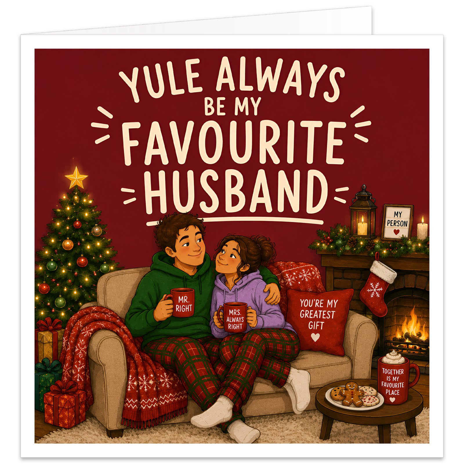 Funny Husband Christmas card with the text “Yule Always Be My Favourite Husband”. Cosy festive illustration of a couple cuddling on a sofa in tartan pyjamas, holding “Mr. Right” and “Mrs. Always Right” mugs. Features a decorated Christmas tree, glowing fireplace, stockings, presents, fairy lights, candles and romantic details including “You’re My Greatest Gift”, “My Person” and “Together Is My Favourite Place”.