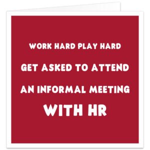 Funny Christmas card for work colleague with red Work Hard Play Hard HR meeting joke design