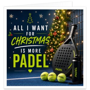 Modern Padel Christmas Card with the message “ALL I WANT FOR CHRISTMAS IS MORE PADEL” in white and lime green on a deep navy background. Features a black padel racket with green detailing, two lime padel balls, sports bottle, decorated Christmas tree, festive lights, holly, snowflakes and presents. A fun sporting Christmas card for male or female padel players and enthusiasts.