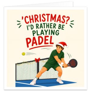 Funny padel Christmas card for a male player featuring the text “Christmas? I’d Rather Be Playing Padel” in bold red and green lettering. The design shows a man playing padel on court, holding a racket and wearing a Santa hat. Festive details include Christmas lights and a red bow decorating the net, set against a warm cream background. Ideal for a husband, boyfriend, dad, son, brother, friend or padel partner.