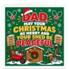 Funny gardening Christmas card for Dad with the text “Dad, May Your Christmas Be Merry and Your Shed Be Peaceful”. Colourful festive green design featuring a snowy wooden garden shed decorated with fairy lights and a wreath, plus a wheelbarrow, wellies, watering can, plant pots, spade and fork. Wooden signs read “Plant, Grow, Relax, Repeat” and “Dad’s Happy Place”, surrounded by holly, berries and snowflakes.