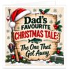 Funny fishing Christmas card for Dad featuring the text “Dad’s Favourite Christmas Tale: The One That Got Away” on rustic wooden signs. Festive angling design with fishing rod and reel, red and white float, fish illustration, green tackle box, Santa hat, snow, holly, red berries and evergreen branches on a warm cream background. Humorous Christmas card for a fishing-mad Dad, fisherman or angler.