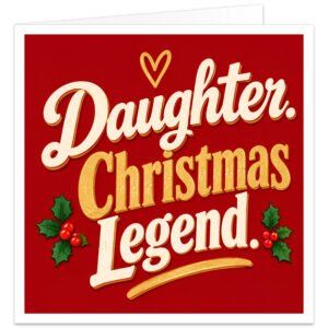 Funny Daughter Christmas card featuring the text “Daughter. Christmas Legend.” in large retro cream and gold lettering on a rich red background. Festive design includes small holly leaves with red berries, a gold heart and sweeping gold underline. A bold, cheerful Christmas card for a Daughter from Mum, Dad or parents, with a simple modern layout and traditional festive colours.