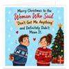 Funny Christmas card for wife, girlfriend or partner with the text “Merry Christmas to the Woman Who Said ‘Don’t Get Me Anything’ and Definitely Didn’t Mean It.” Festive illustration shows a nervous man in a Christmas jumper hiding a small wrapped gift behind his back while a smiling woman stands with folded arms. Icy blue background with Christmas tree, presents and snowflakes.