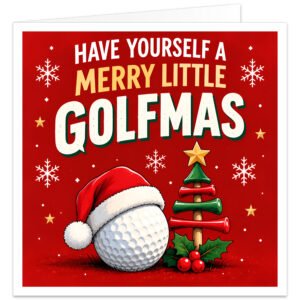 Funny golf Christmas card for male and female golfers featuring the text “Have Yourself a Merry Little Golfmas” in bold cream, yellow and white lettering on a festive red background. Design includes a white golf ball wearing a red Santa hat, a miniature Christmas tree made from stacked red and green golf tees topped with a gold star, holly, red berries, snowflakes and small stars.