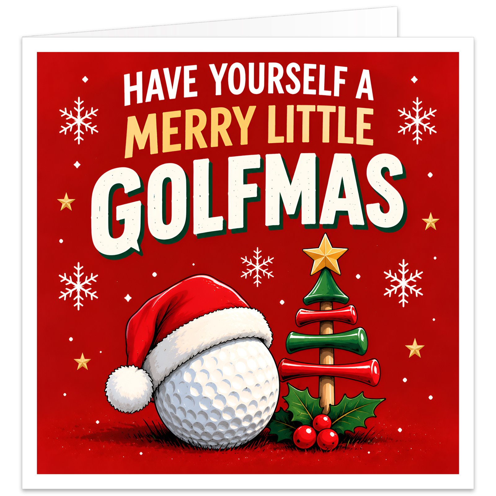 Funny golf Christmas card for male and female golfers featuring the text “Have Yourself a Merry Little Golfmas” in bold cream, yellow and white lettering on a festive red background. Design includes a white golf ball wearing a red Santa hat, a miniature Christmas tree made from stacked red and green golf tees topped with a gold star, holly, red berries, snowflakes and small stars.