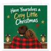 Funny Christmas card for couples featuring the text “Have Yourselves a Cosy Little Christmas” in white and gold lettering on a festive green background. Illustration shows a couple sitting closely together under a red and green tartan blanket, with the woman resting her head on her partner’s shoulder. Finished with glowing lanterns, holly, gold stars and a red heart. Ideal for married couples, husband and wife, partners, boyfriend and girlfriend.