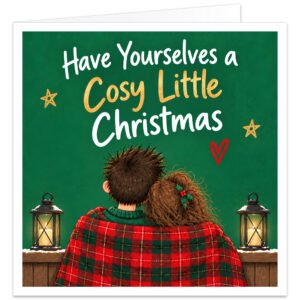 Funny Christmas card for couples featuring the text “Have Yourselves a Cosy Little Christmas” in white and gold lettering on a festive green background. Illustration shows a couple sitting closely together under a red and green tartan blanket, with the woman resting her head on her partner’s shoulder. Finished with glowing lanterns, holly, gold stars and a red heart. Ideal for married couples, husband and wife, partners, boyfriend and girlfriend.