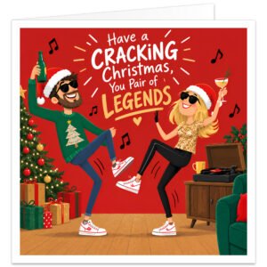 Funny Christmas card for a couple featuring the text “Have a Cracking Christmas, You Pair of Legends”. Colourful illustrated design shows a man and woman dancing at a festive party wearing Santa hats and sunglasses, holding celebratory drinks. Bright red background with decorated Christmas tree, presents, holly, fairy lights, record player and musical notes. Ideal for married couples, husband and wife, boyfriend and girlfriend or partners.