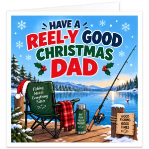 Funny fishing Christmas card for Dad featuring the text “Have a Reel-y Good Christmas Dad”. Colourful winter lakeside scene with snowy pine trees, mountains, fishing rod and float. A green fishing chair with tartan blanket and Santa hat sits on a wooden jetty beside a flask reading “Eat Fish Relax Repeat”. Includes holly, snowflakes and a “Good Fishing Good Times” sign.