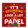 Bright modern Padel Christmas Card with a bold festive red background and the words “It’s Beginning to Look a Lot Like Padel” in large cream and golden-yellow lettering. Features a green padel racket, yellow ball, holly with red berries, snowflakes, stars and festive decorative details. A fun gender-neutral Christmas card design for male and female padel players, enthusiasts and lovers of the sport.