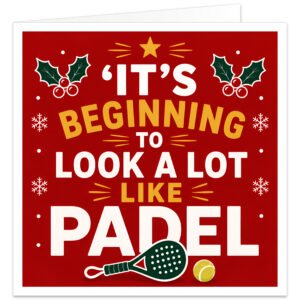 Bright modern Padel Christmas Card with a bold festive red background and the words “It’s Beginning to Look a Lot Like Padel” in large cream and golden-yellow lettering. Features a green padel racket, yellow ball, holly with red berries, snowflakes, stars and festive decorative details. A fun gender-neutral Christmas card design for male and female padel players, enthusiasts and lovers of the sport.