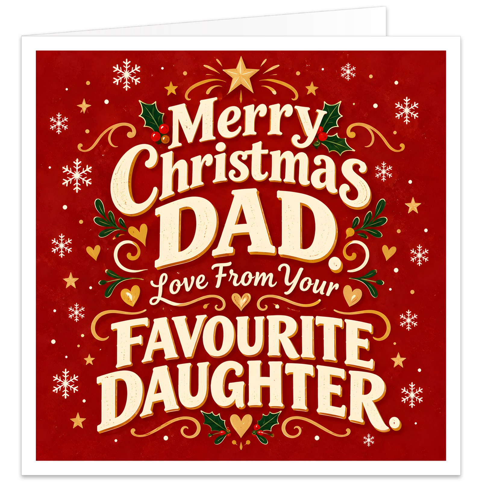 Funny Christmas card for Dad from his daughter featuring the message “Merry Christmas Dad. Love From Your Favourite Daughter.” Bold cream retro typography on a rich red textured background, decorated with festive holly, red berries, snowflakes, stars, hearts and decorative flourishes. A cheeky Dad Christmas card designed for daughters who enjoy family banter and humour.
