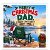 Fishing Christmas card for Dad featuring the text “Merry Christmas Dad. Tight Lines and Good Times.” Detailed winter angling scene with a fishing chair, rod and reel, tackle box, flask and mug on a snowy wooden jetty beside a calm lake. Snow-covered pine trees, mountains, cabin, holly, wreath and Santa hat add festive detail to this colourful Dad fishing Christmas card.