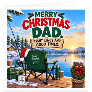 Fishing Christmas card for Dad featuring the text “Merry Christmas Dad. Tight Lines and Good Times.” Detailed winter angling scene with a fishing chair, rod and reel, tackle box, flask and mug on a snowy wooden jetty beside a calm lake. Snow-covered pine trees, mountains, cabin, holly, wreath and Santa hat add festive detail to this colourful Dad fishing Christmas card.