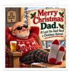 Funny Christmas card for Dad featuring a cheerful bald father relaxing in a wooden chair with his feet up, wearing sunglasses, a red festive jumper, tartan trousers and Christmas socks beside a glass of beer. Text reads “Merry Christmas Dad. At Least You Don’t Need a Christmas Haircut.” A wooden sign says “Good Dads Don’t Need Haircuts.” Festive red and green design with holly, snow and winter scenery.