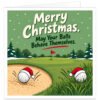 Funny golf Christmas card for men with the text “Merry Christmas. May Your Balls Behave Themselves.” Two golf balls wearing red Santa hats roll off a snowy fairway in opposite directions, with one landing in a sand bunker and the other in long rough. Soft green winter background with falling snow, fir trees, putting green and red flag. Cheeky festive golfer card for husband, boyfriend, dad, grandad, brother, son, friend or golfing mate.