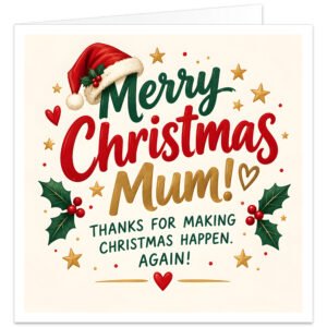 Christmas card for Mum featuring the message “Merry Christmas Mum! Thanks for Making Christmas Happen. Again!” in bold red, green and gold festive typography on a creamy white background. Decorated with a red Santa hat, holly and berries, gold stars, hearts and seasonal flourishes. A warm, funny and appreciative Mum Christmas card suitable from a daughter, son, children or family.