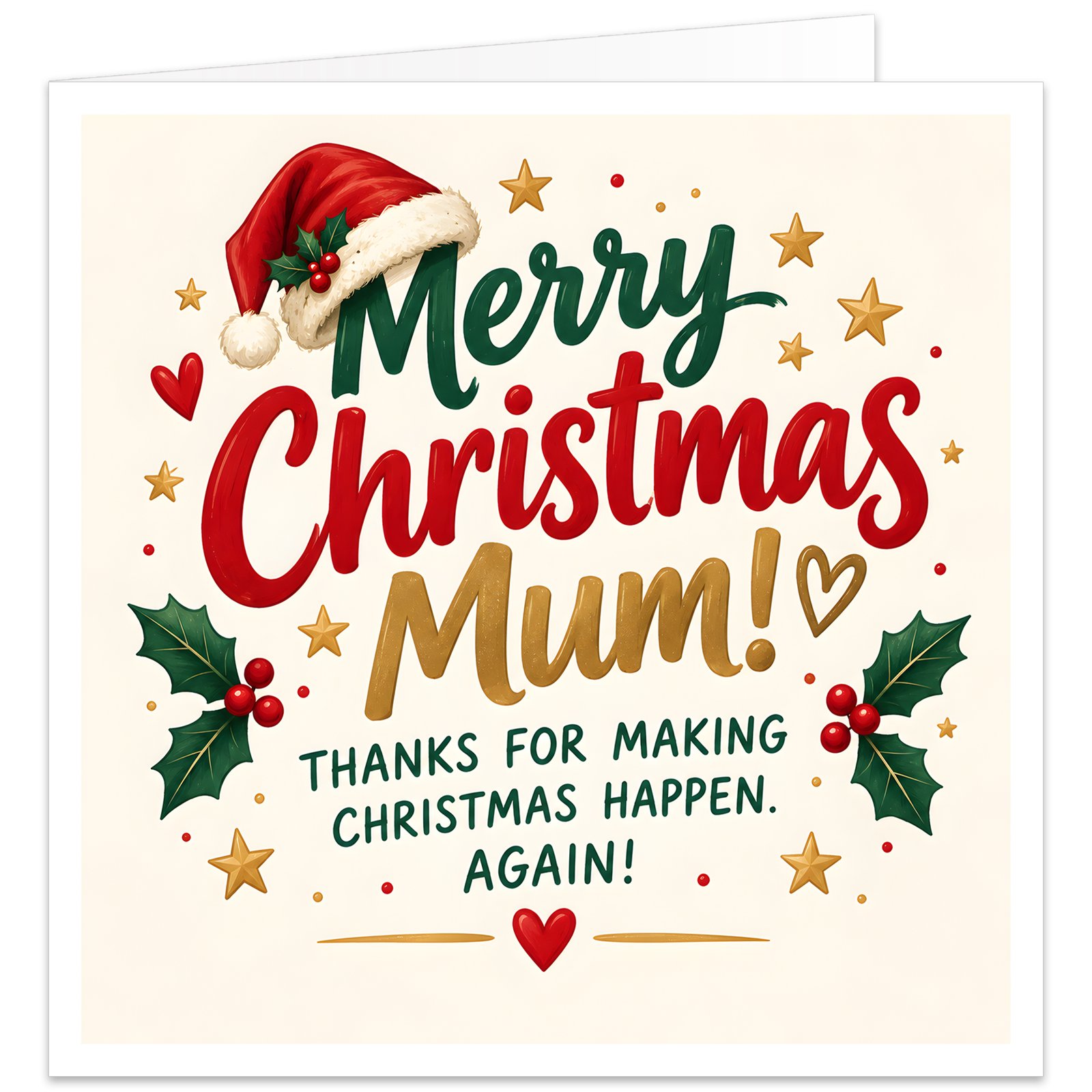 Christmas card for Mum featuring the message “Merry Christmas Mum! Thanks for Making Christmas Happen. Again!” in bold red, green and gold festive typography on a creamy white background. Decorated with a red Santa hat, holly and berries, gold stars, hearts and seasonal flourishes. A warm, funny and appreciative Mum Christmas card suitable from a daughter, son, children or family.