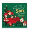 Funny Christmas card for Son featuring the text “Merry Christmas Son. Fully Grown. Allegedly.” Illustration shows a grown-up son relaxing in a red armchair, wearing tartan Christmas pyjamas, festive socks and a paper crown while playing video games. Includes snacks, controllers, presents, a decorated Christmas tree, steaming mug, snowflakes and a rich green festive background.
