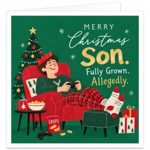 Funny Christmas card for Son featuring the text “Merry Christmas Son. Fully Grown. Allegedly.” Illustration shows a grown-up son relaxing in a red armchair, wearing tartan Christmas pyjamas, festive socks and a paper crown while playing video games. Includes snacks, controllers, presents, a decorated Christmas tree, steaming mug, snowflakes and a rich green festive background.