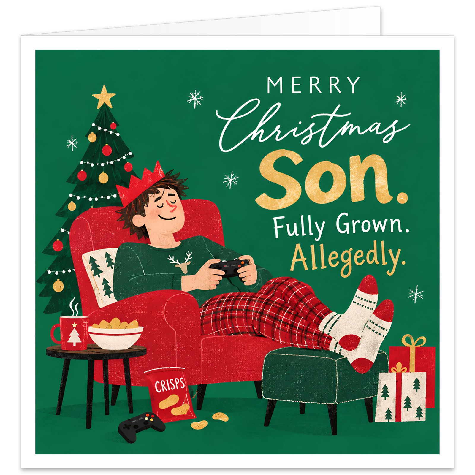 Funny Christmas card for Son featuring the text “Merry Christmas Son. Fully Grown. Allegedly.” Illustration shows a grown-up son relaxing in a red armchair, wearing tartan Christmas pyjamas, festive socks and a paper crown while playing video games. Includes snacks, controllers, presents, a decorated Christmas tree, steaming mug, snowflakes and a rich green festive background.