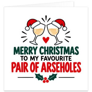 Funny rude Christmas card for a couple featuring the text “Merry Christmas to My Favourite Pair of A***holes”. Modern white design with two clinking wine glasses wearing red Santa hats, a small red heart and festive holly with berries. Red, green and black typography creates a bold adult humour design, ideal for a married couple, husband and wife, partners, boyfriend and girlfriend.