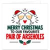 Funny rude Christmas card for a couple featuring the text “Merry Christmas to Our Favourite Pair of Arseholes” in bold red, green and black lettering on a white background. Two illustrated wine glasses wearing Santa hats toast above a red heart, with festive holly and berries below. Cheeky adult humour card from one couple to married partners, husband and wife, boyfriend and girlfriend or couple friends.