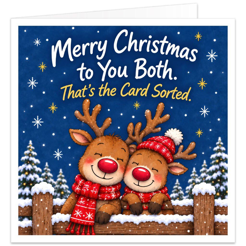Funny Christmas card for a couple featuring two cute reindeer cuddling behind a snowy wooden fence, wearing red festive scarves and a winter hat. Set against a rich blue background with snow-covered Christmas trees, falling snow, stars and snowflakes. Front text reads “Merry Christmas to You Both. That’s the Card Sorted.” Ideal for husband and wife, married couples, partners, boyfriend and girlfriend.