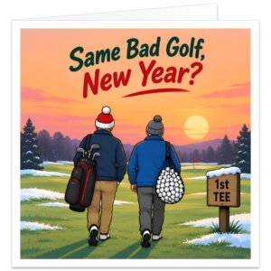 Funny golf Christmas card featuring the text “Same Bad Golf, New Year?” Two golfers walk towards a snowy first tee at sunset, carrying golf bags and clubs. One has an oversized bag overflowing with spare golf balls, adding humour about lost balls and wayward shots. Festive details include woolly hats, a Santa hat, snow-covered trees and a 1st Tee sign. Designed for male or female golfers, golfing buddies and playing partners.