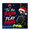 Modern padel Christmas card with the message “‘Tis the Season to Play Padel” in bold white and red lettering on a navy background. Design shows a black and fluorescent yellow padel racket wearing a red Santa hat on a padel court, with three yellow balls, sports bottle, snowflakes and glowing Christmas lights. Festive card for male or female padel players.